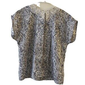 Vintage Notches Women’s Chiffon Blouse S Blue/White Abstract Lace Button back